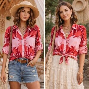 Rose & Olive Red and Pink Button Down Shirt